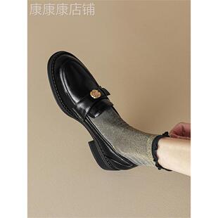 香港山茶花小皮鞋女2025春秋新款中跟不累脚单鞋英伦风粗跟乐福鞋