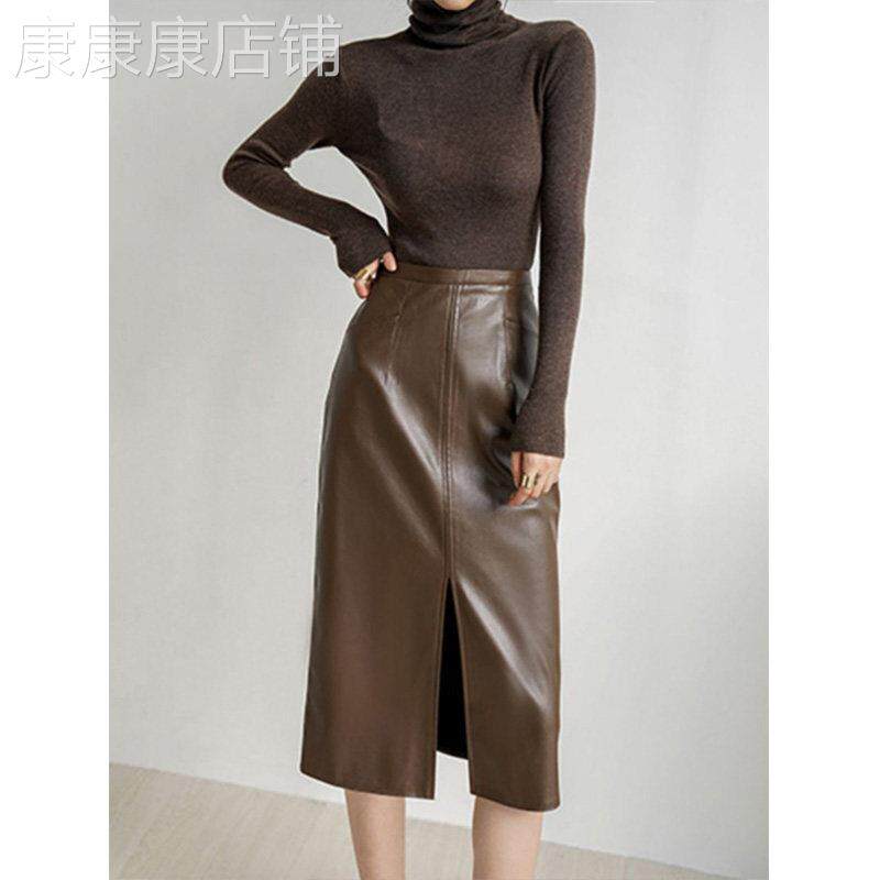 前开叉皮裙女士春秋2026欧货半身裙ol半裙高腰咖啡色一步包臀裙子