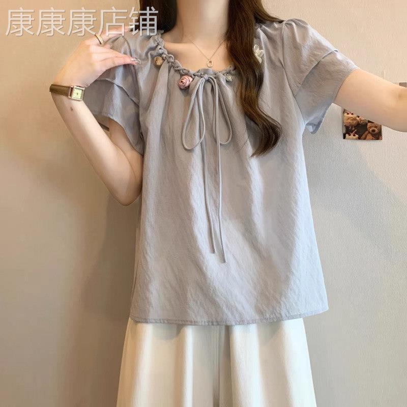 雪纺衬衫女士短袖夏季薄款2026新款宽松遮肚子减龄洋气娃娃衫上衣