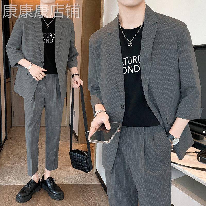 西服套装男士春季冰丝半袖薄款西装西裤搭配一套英伦风雅痞两件套