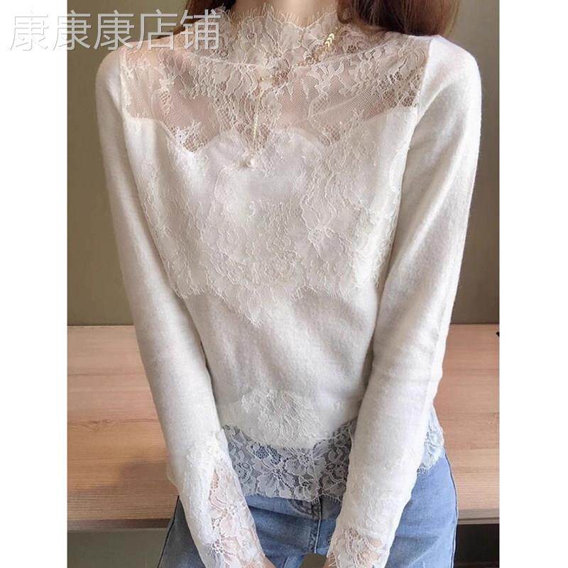 蕾丝内搭打底衫女秋冬欧货新款清纯性感高领网纱小衫别致长袖上衣