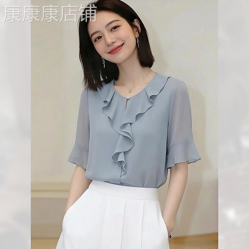 设计感短袖衬衫荷叶边V领薄款女装夏季2026年新款轻熟风独特上衣