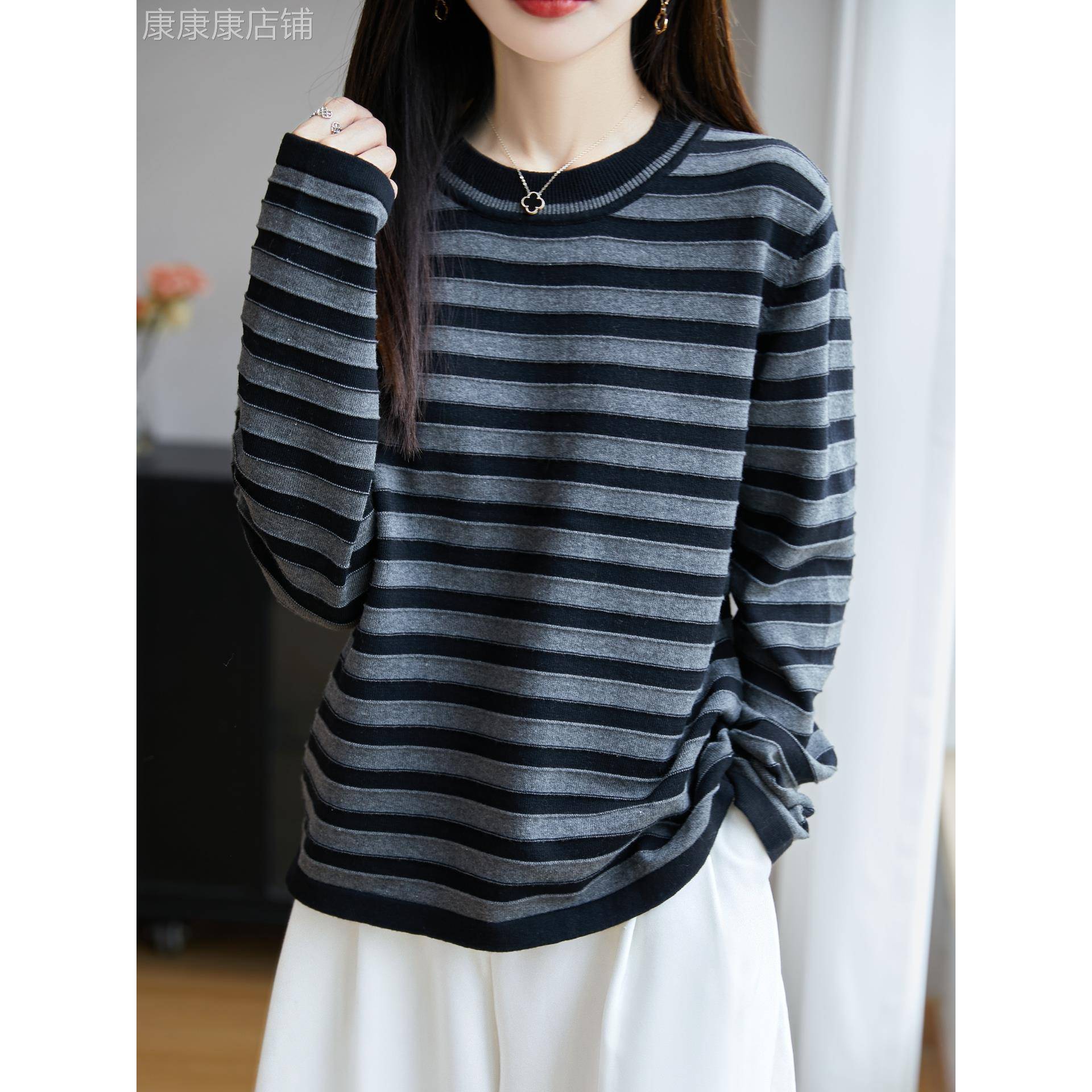 纯棉针织衫女春秋季韩系穿搭圆领休闲宽松长袖条纹上衣打底衫毛衣