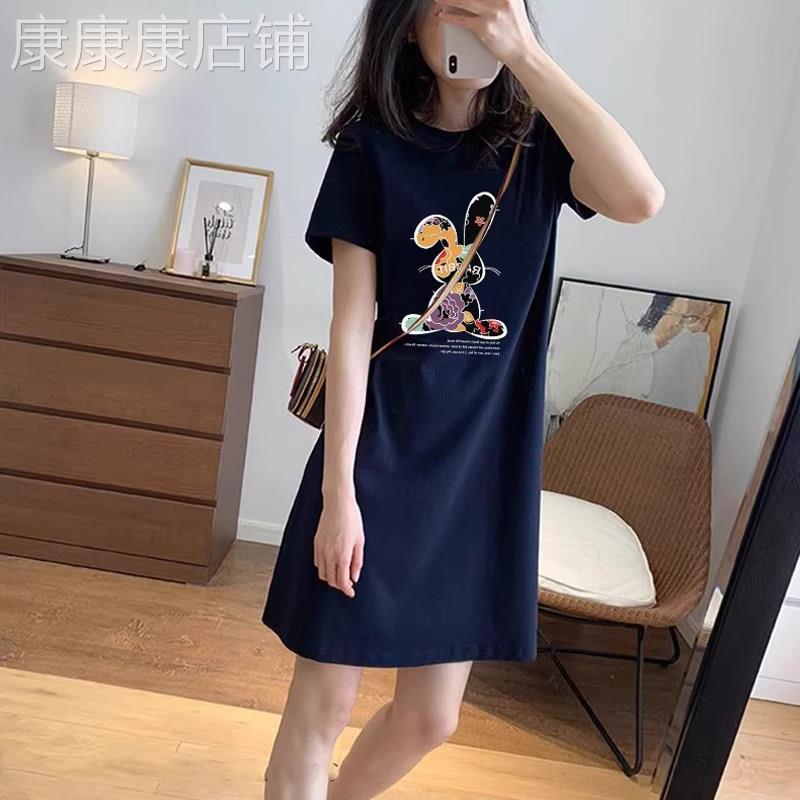 藏青色短袖T恤女夏季欧货洋装宽松中长版遮屁股上衣休闲T恤裙