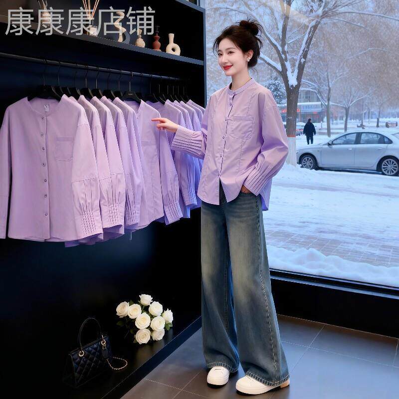 大尺码女装法式紫色长袖衬衫2026早春新款胖MM显瘦气质宽松衬衫