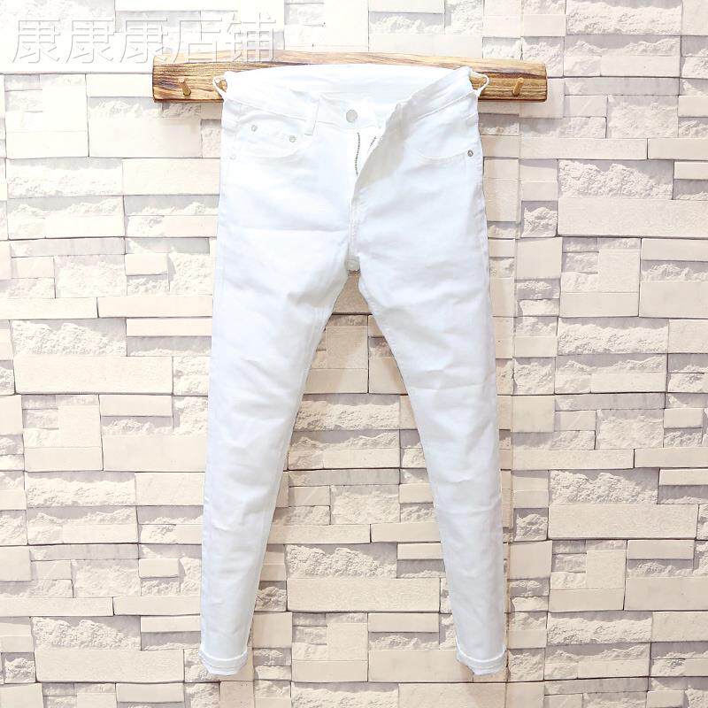 潮牌青年简约白色九分牛仔裤韩版修身弹力长裤男士时尚显瘦小脚裤