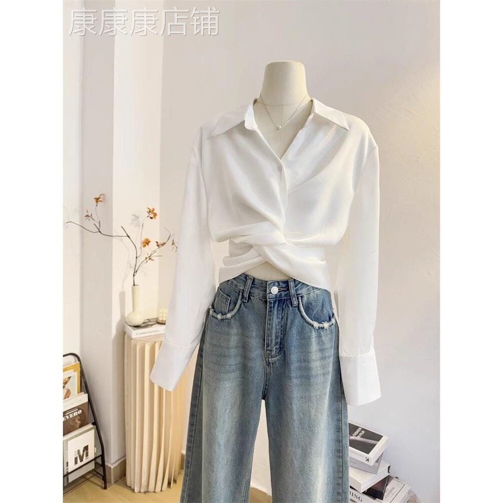 法式长袖缎面白衬衫女2025春季设计感小众短款收腰洋气小衫上衣