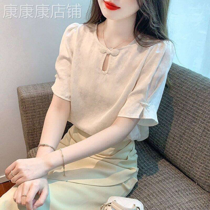 新中式雪纺衬衫女夏季短袖2026新款时尚洋气提花薄款显瘦国风上衣