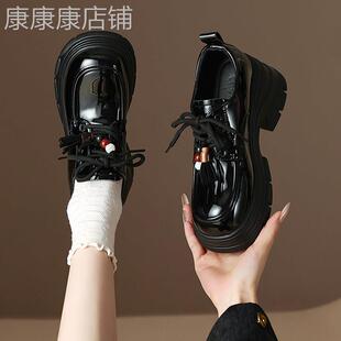 香港小个子厚底乐福鞋女真皮2026春季新款黑色通勤小皮鞋高跟单鞋