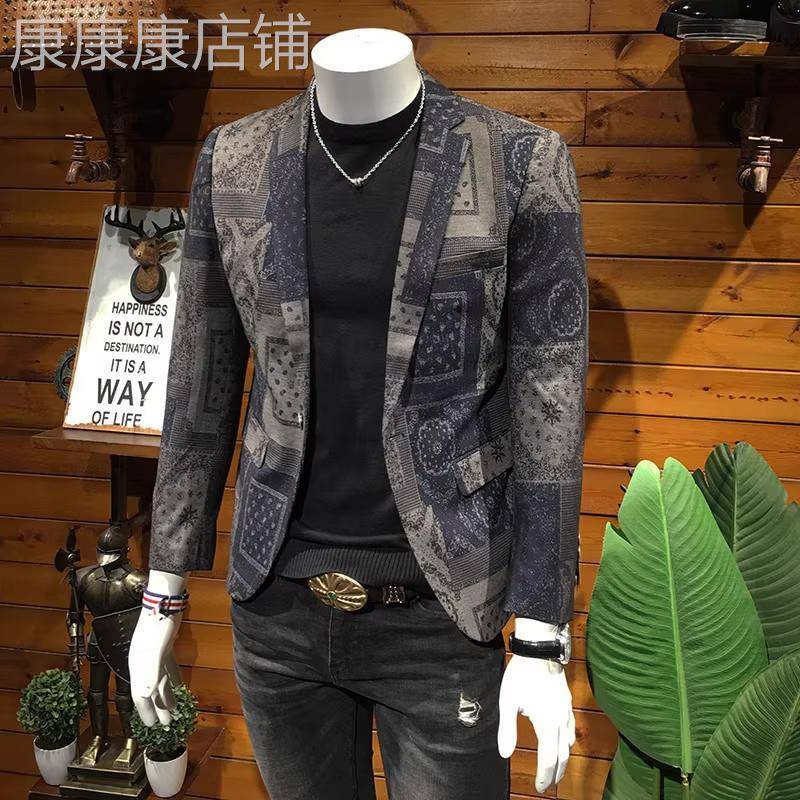 欧洲站印花西服男春秋韩版青年潮流百搭修身商务休闲小西装外套潮