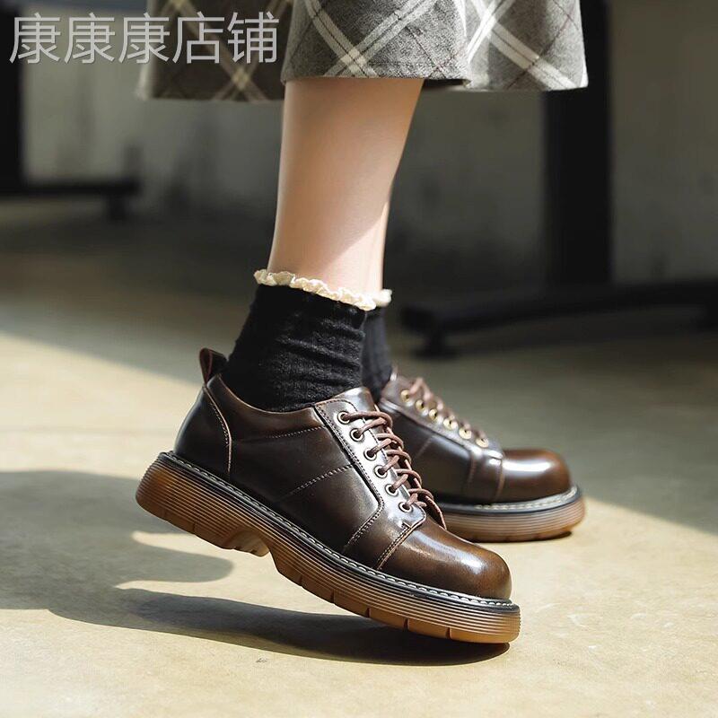 真皮厚底系带小皮鞋女2025春季新款韩版学院风配裙子休闲 百搭单