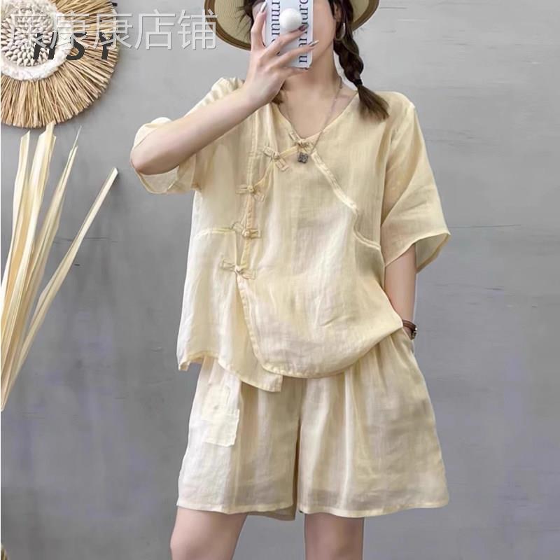 中国风减龄棉麻上衣女2026新款夏季透气短袖短裤薄款复古两件套潮