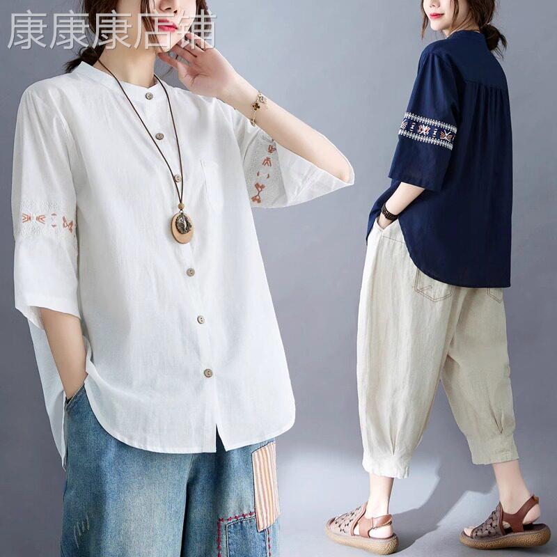 复古大码棉麻衬衫女夏季2026新款设计感刺绣立领七分袖宽松上衣女