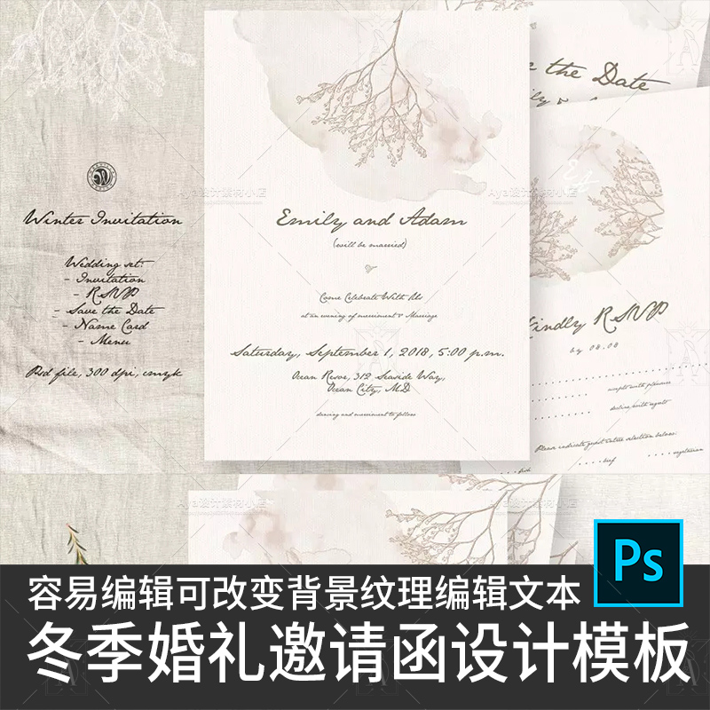 冬季婚礼邀请函设计模板优雅轻奢婚礼邀请社交朋友圈展示设计素材