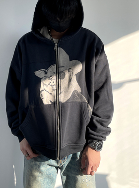 区别市场ERD24SS忧郁的富二代猪人印花卫衣贴布水洗做旧拉链帽衫