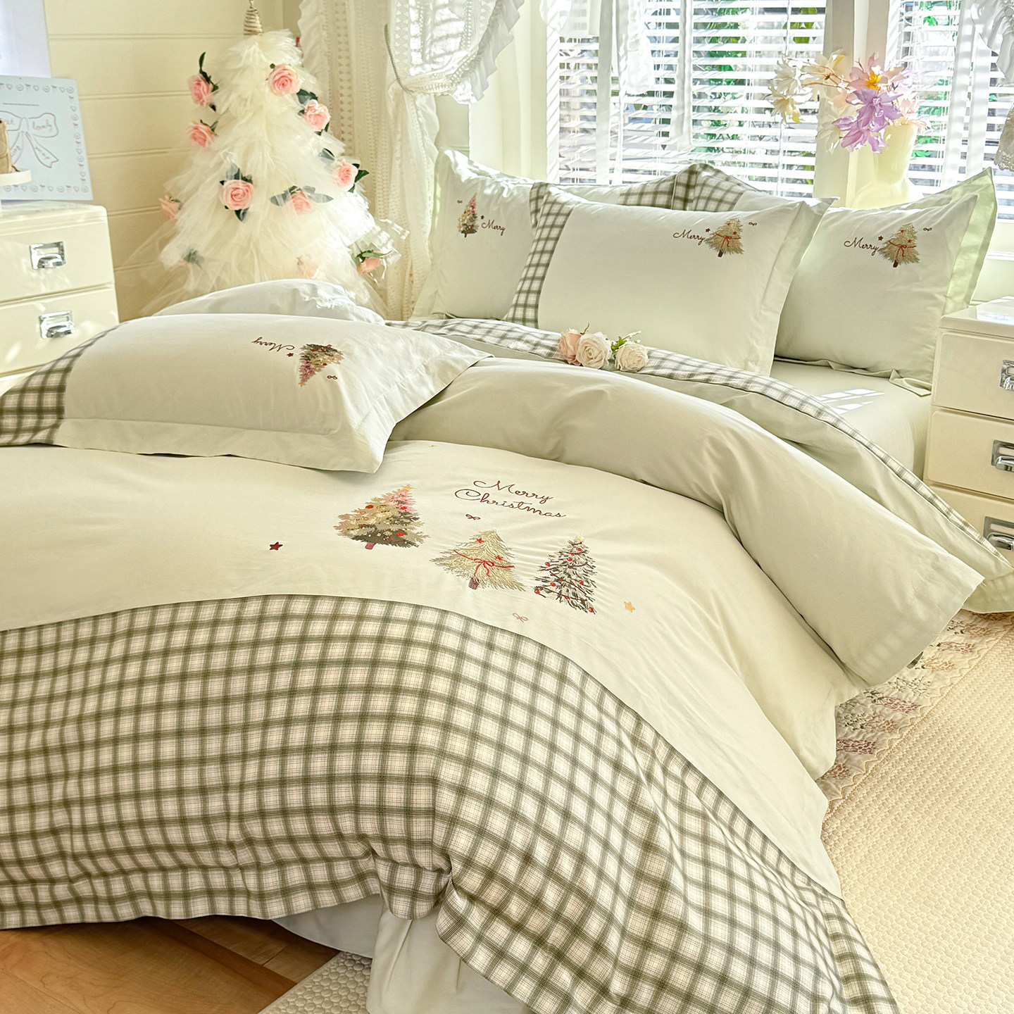 2026年新款韩式全棉刺绣圣诞树拼接被套四件套纯棉床单床上用品女