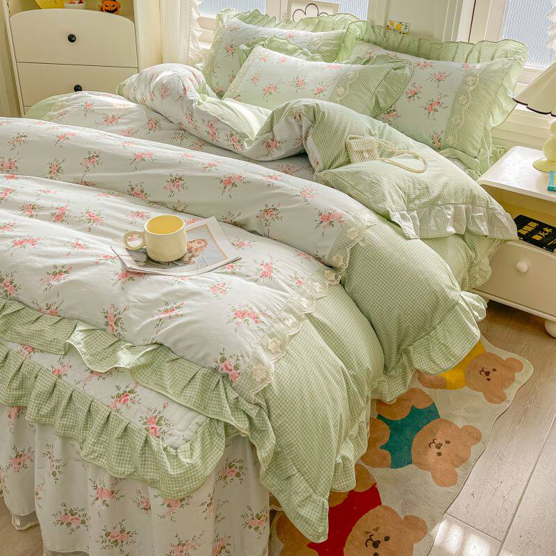 全棉韩版公主风田园小碎花夹棉床笠式床裙四件套纯棉被套床上用品
