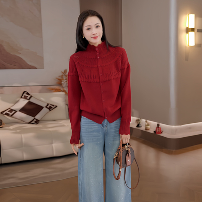 豆豆DD【绵羊毛+兔毛】镂空花瓣针织衫百搭开衫毛衣-7517025DM