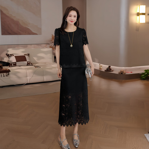 豆豆 蕾丝半身裙夏季新款气质显瘦百搭休闲黑色直筒裙女-26CQ6432