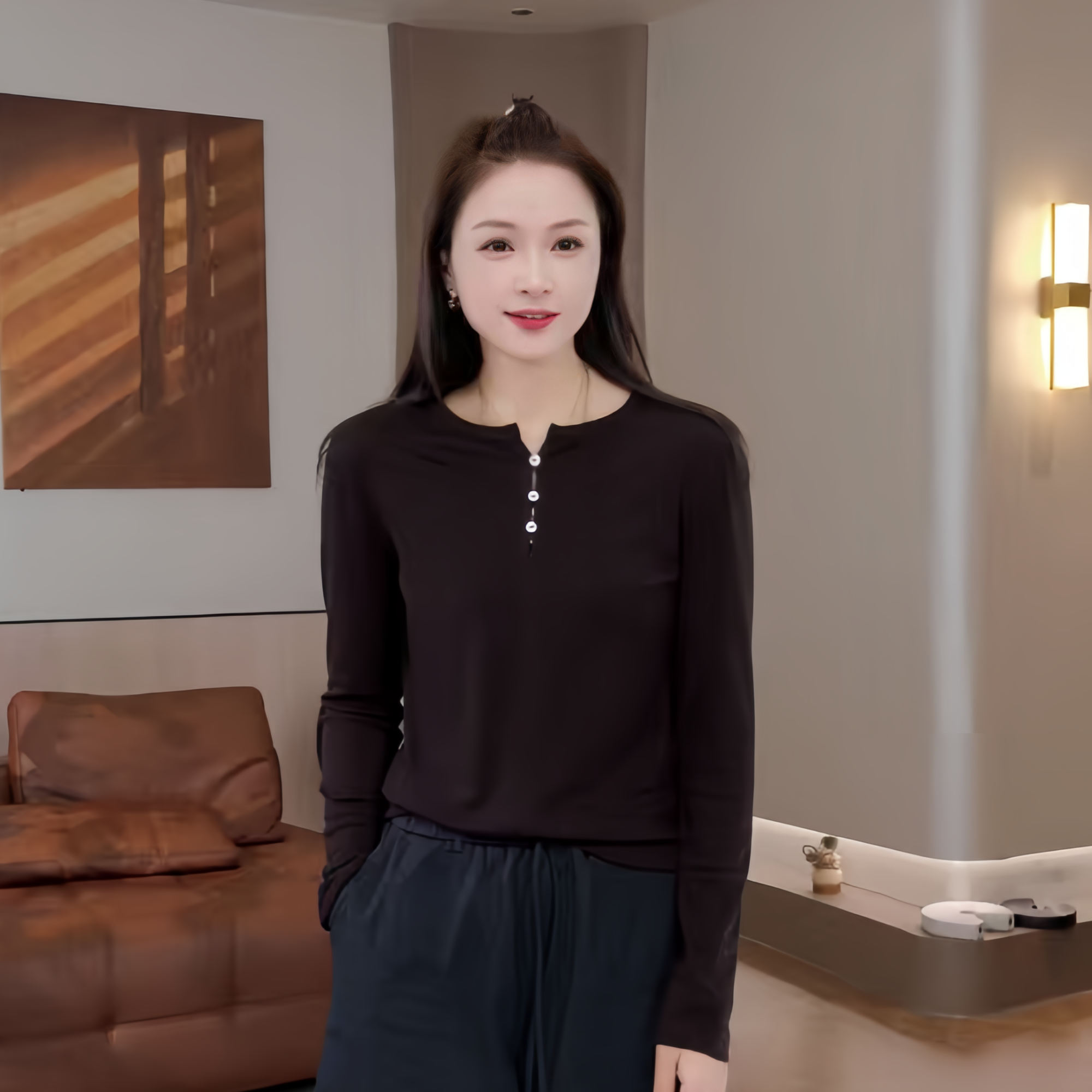 豆豆6【必入打底】兰精天丝+羊毛遮肉显瘦长袖T恤纯色百搭-DQ1690