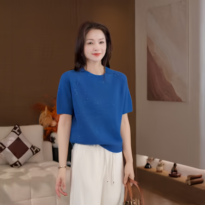 豆豆DG【彩点小 T】莱赛尔天丝绵羊毛圆领设计女士上衣-26QM6293