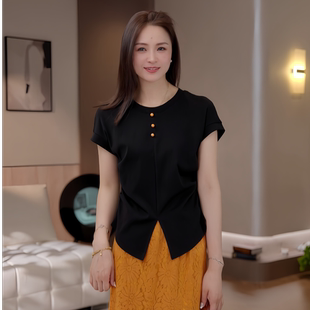 豆豆【下摆分叉T】冰凉桑蚕丝+棉设计感T恤女夏季排扣上衣-DX1219