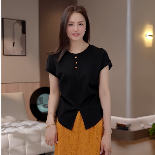 豆豆【下摆分叉T】冰凉桑蚕丝+棉设计感T恤女夏季排扣上衣-DX1219