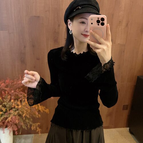 豆豆DH【黑天鹅】木耳边领口丝绒T恤女秋长袖气质打底衫26QT25591