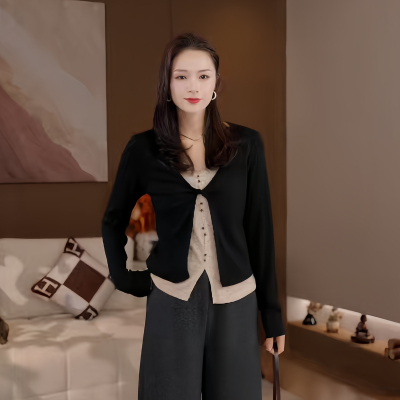 豆豆DA【蕾丝假两件】早秋新款显瘦气质T恤女内搭长袖-26QT9531