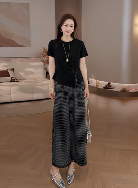 豆豆 立体花朵上衣2026新款休闲宽松正肩黑色短袖女t恤-26CT1001