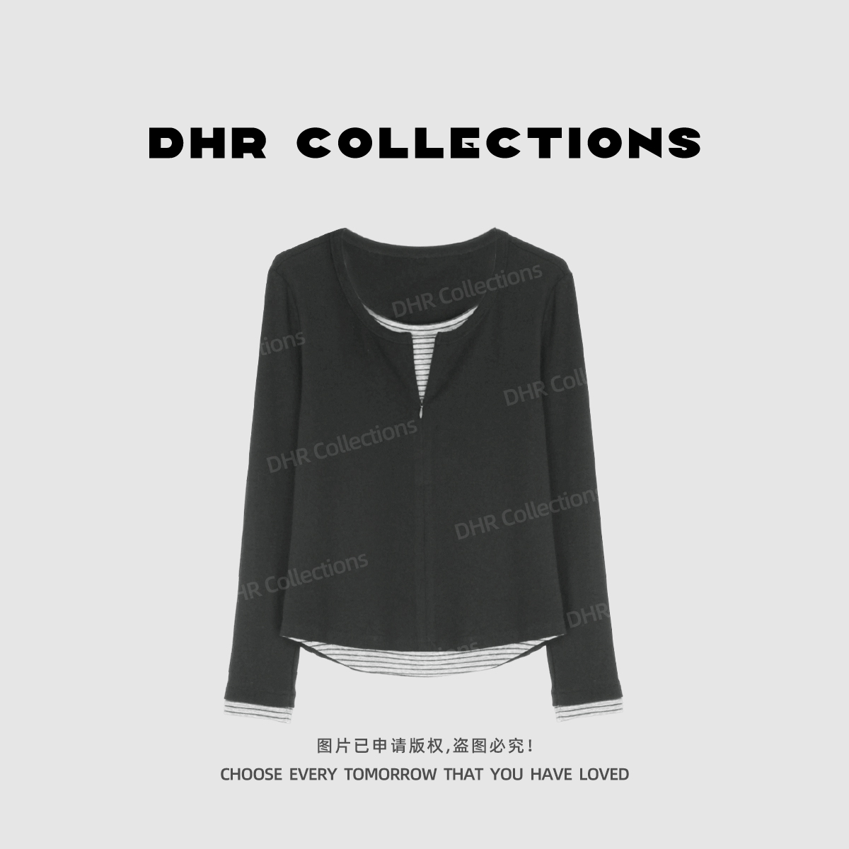 豆豆6【月牙领半拉链衫】假两件条纹长袖T恤拼接休闲风-DQ1716