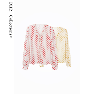 豆豆DA【波点木耳花】天丝+亚麻法式V领减龄显瘦长袖衬衫-260C120