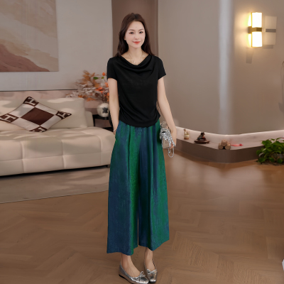 豆豆 荡领短袖莱赛尔天丝上衣夏季高级显瘦收腰黑色T恤女26XT1098