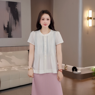 天丝 混纺压褶遮肉显瘦短袖 豆豆7 亚麻小衫 DX2176 衬衫 女