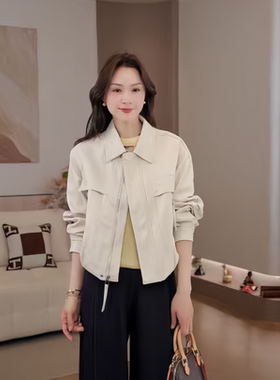 豆豆DA【蛋白软皮衣】春装新款拉链皮外套女短款翻领洋气-26CW786