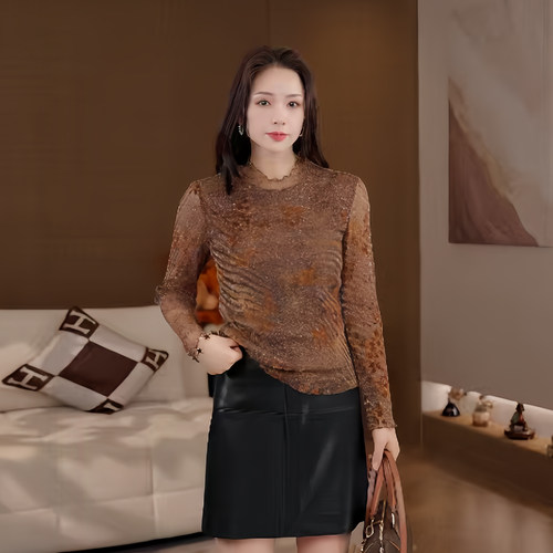 豆豆DG【银丝锦】秋季木耳边蕾丝显瘦百搭长袖T恤女上衣-26QT1253