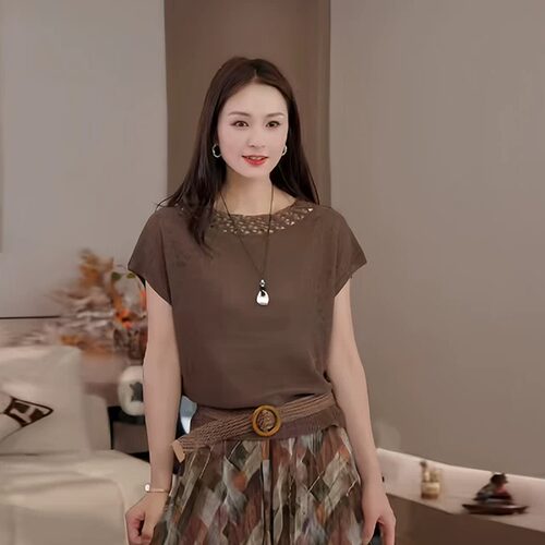 豆豆DE【焦糖织梦】温柔轻熟风女士透气针织针织T恤-26XT382