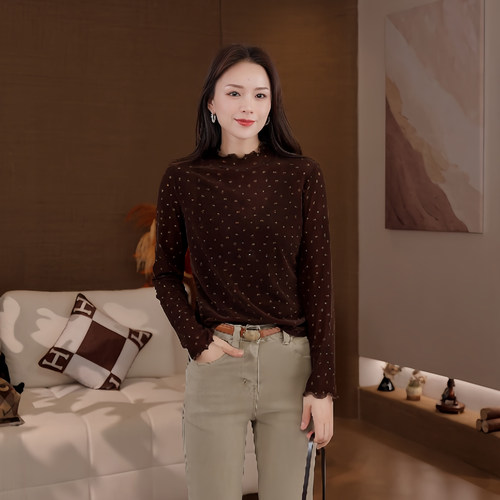 豆豆DA【波点网纱T】木耳边圆领显瘦T恤女百搭长袖打底-26QT0916