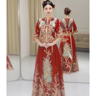 帛闻重工奢华缎面红色新娘丝绒秀禾服新中式 高级婚服 嫁衣结婚新款