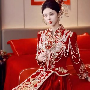 帛闻重工丝绒秀禾服2024新款新娘结婚嫁衣敬酒服新中式婚服龙凤褂