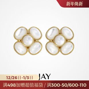 JAY镀14K金法式 气质耳环女夸张耳饰高级感耳夹 山茶花耳钉2024新款