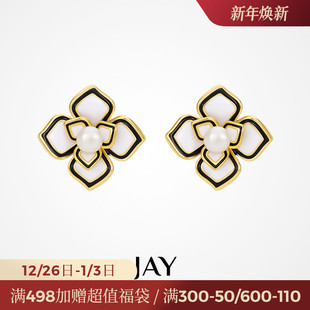 JAY黑色山茶花耳钉女设计感小众2025新款 耳饰夸张花朵耳环方圆脸