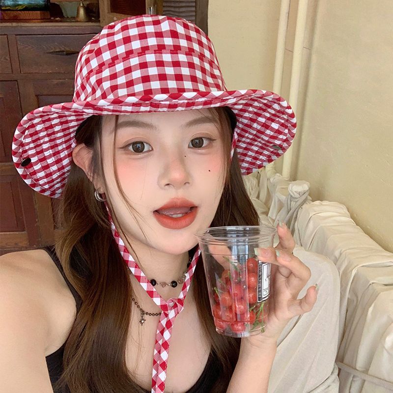 日系甜美格子系带渔夫帽女夏天百搭大帽檐防晒帽防紫外线遮阳帽子