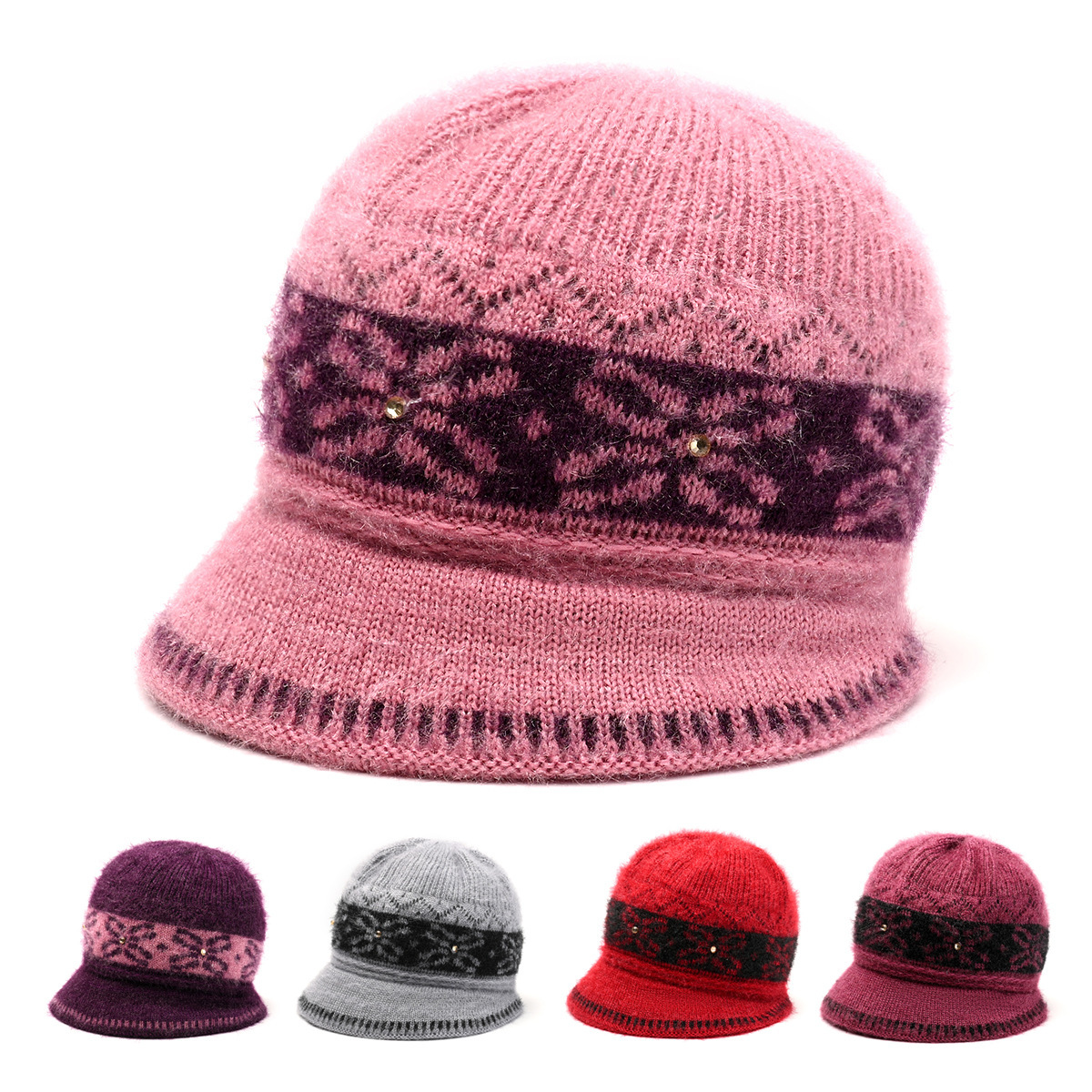 帽子女秋冬中老年奶奶针织帽户外防寒大帽檐加绒保暖毛线帽护耳帽