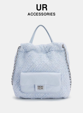 UR休闲双肩包包2025新款女士包小香风链条包学院风背包毛呢手提包