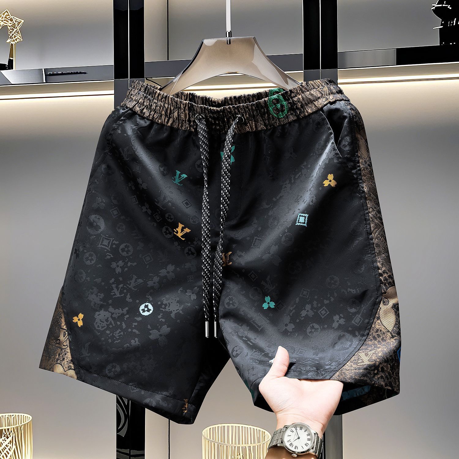 欧货AN&LV/岸绿美式轻奢男装短裤2025夏季新款老钱风设计感休闲宽,男装,短裤,淘宝优惠券,粉丝福利购,淘宝优惠卷