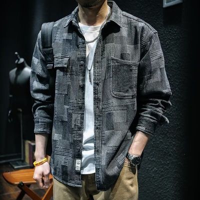 欧货AN&LV/岸绿工装长袖衬衫男秋季宽松日系潮牌翻领休闲痞帅牛仔