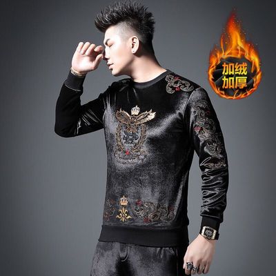 欧货AN&LV/岸绿金丝绒卫衣套装男重工艺刺绣老鹰加绒加厚潮流坠感