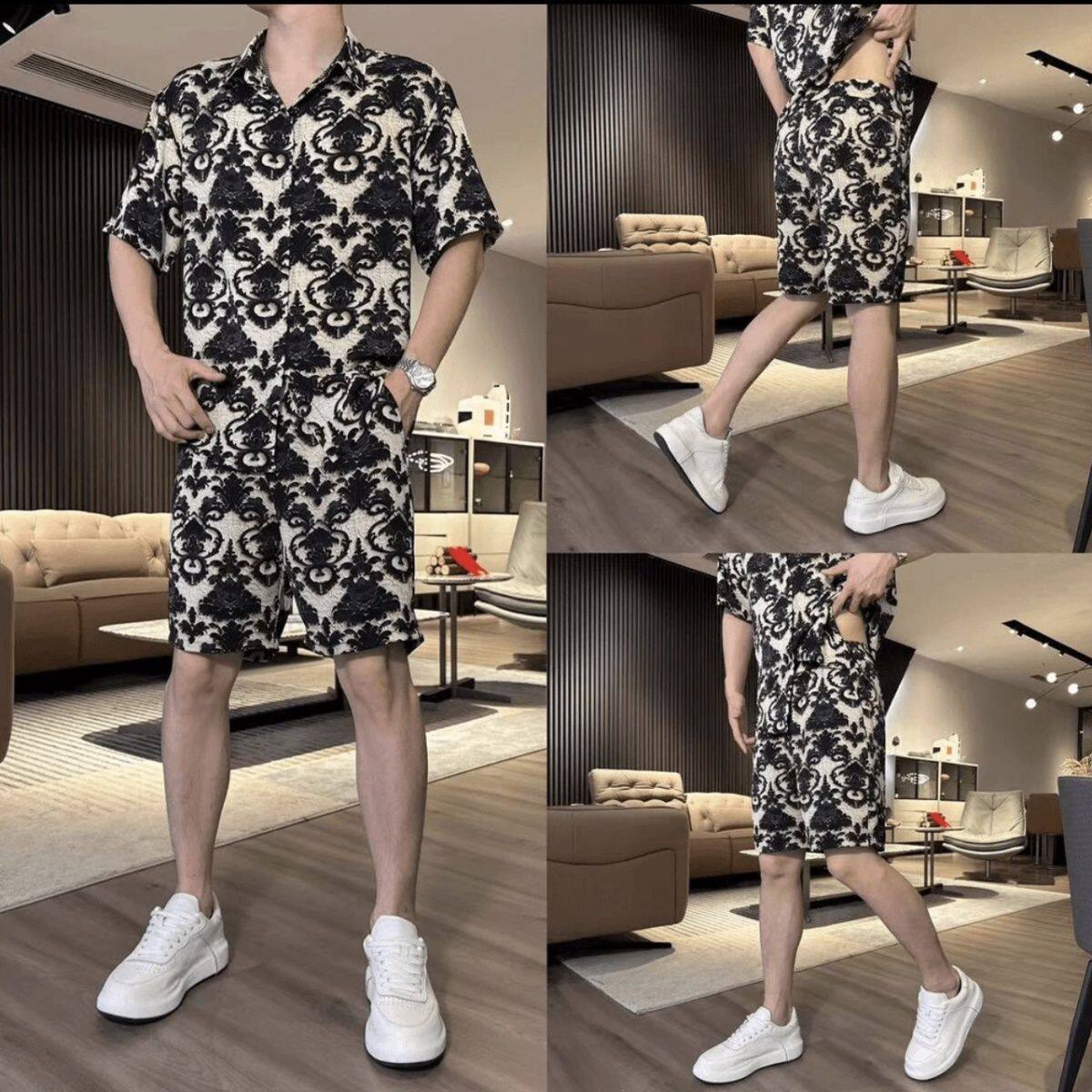 欧货AN&LV/岸绿24夏季时尚新款男士短袖套装休闲衬衫痞帅显瘦百搭
