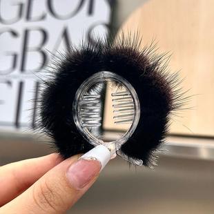 休闲和可爱的水貂球头发尾夹，优雅的毛茸茸的头发夹，小头发量在